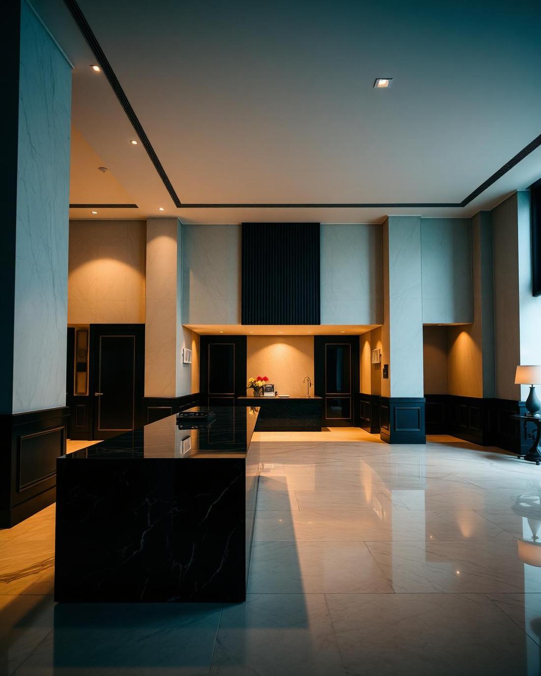 Lobby de hotel elegante, ambiente onde a linha Hotelaria é usada