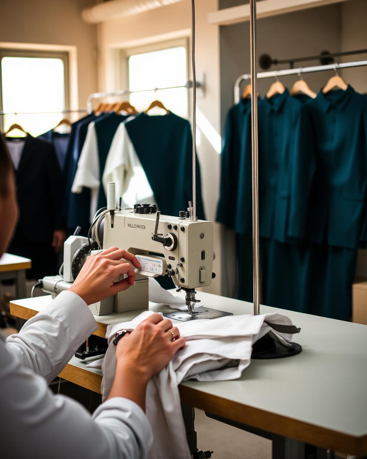 Ateliê de confecção de uniformes corporativos com peças em arara