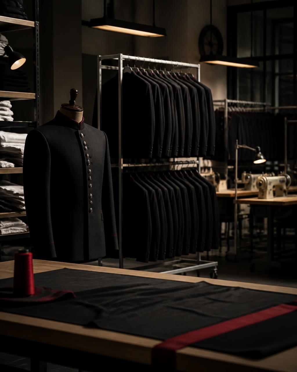 Fábrica e ateliê de uniformes corporativos, com araras de peças finalizadas e estações de costura