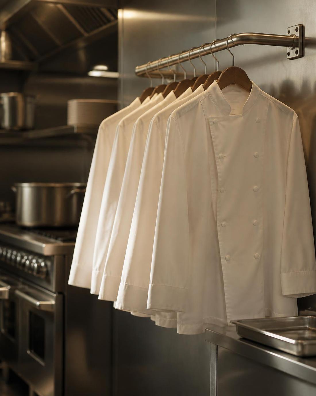 Dólmãs de chef pendurados em cozinha profissional