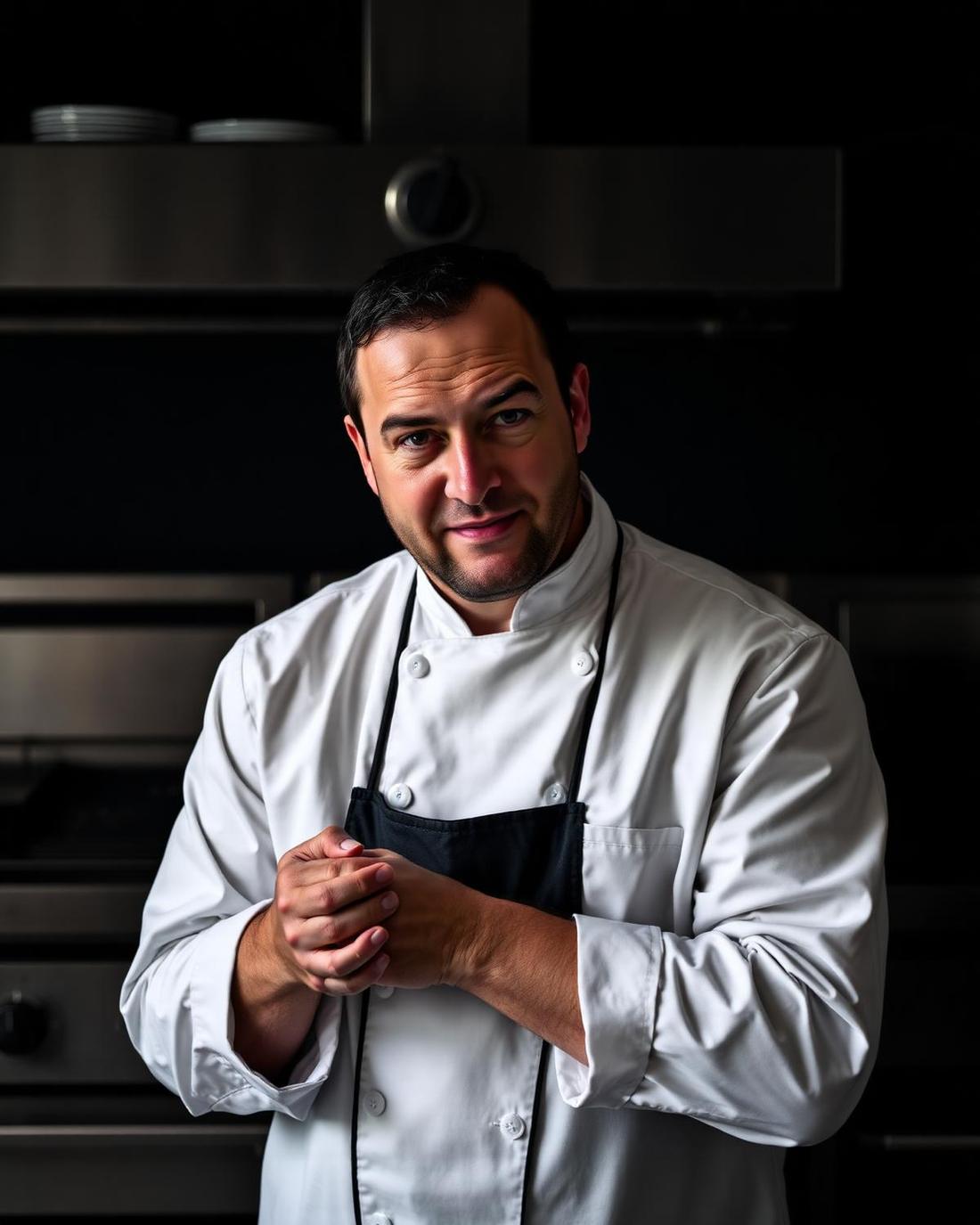 Dólmã de chef com detalhe de botões e costura em cozinha profissional