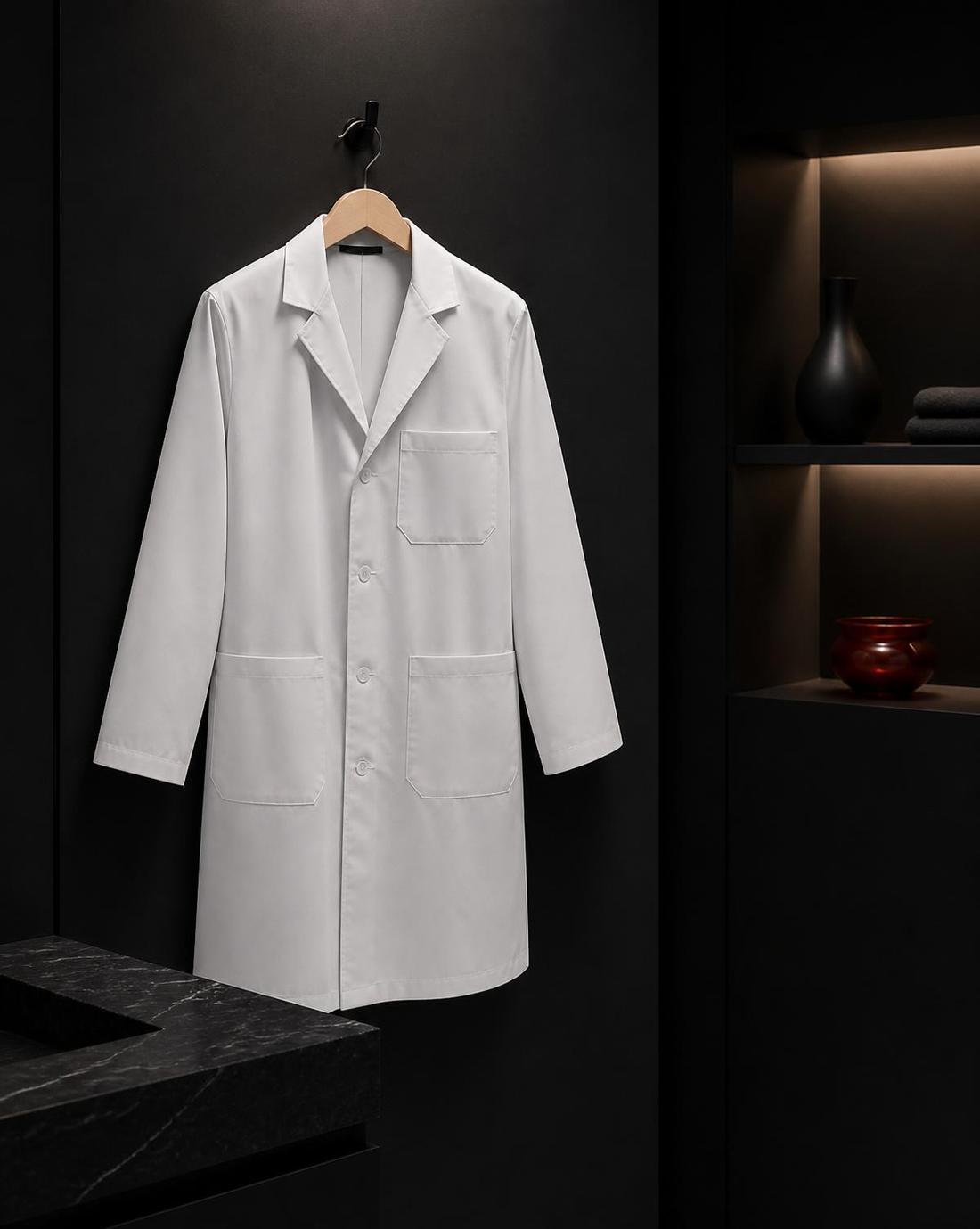 Jaleco branco de alfaiataria em ambiente clínico minimalista