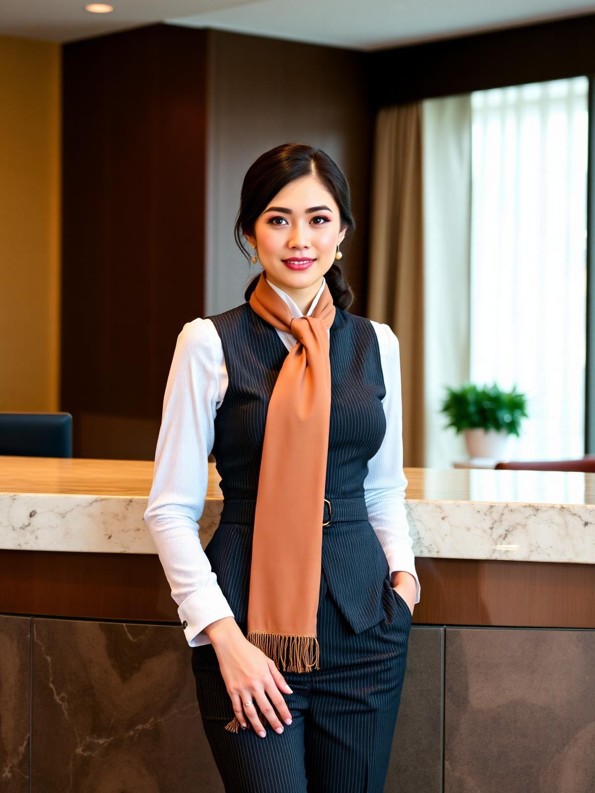 Uniforme de hotelaria para recepção e governança, com alfaiataria e lenço personalizado
