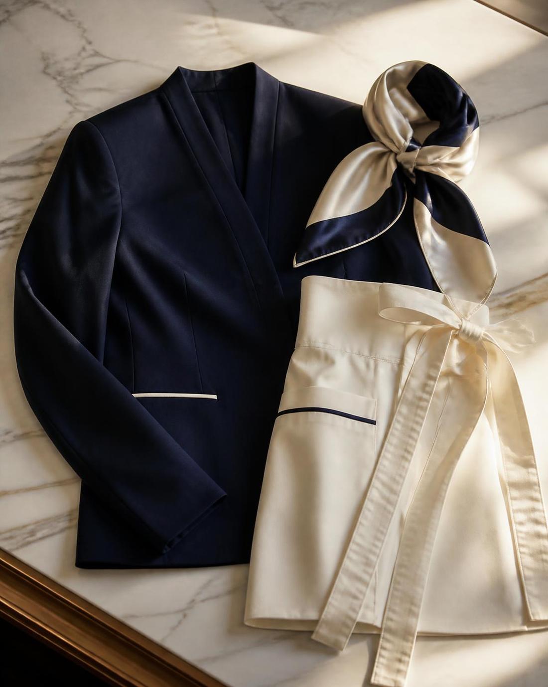 Peças de uniforme de hotelaria sobre superfície de mármore