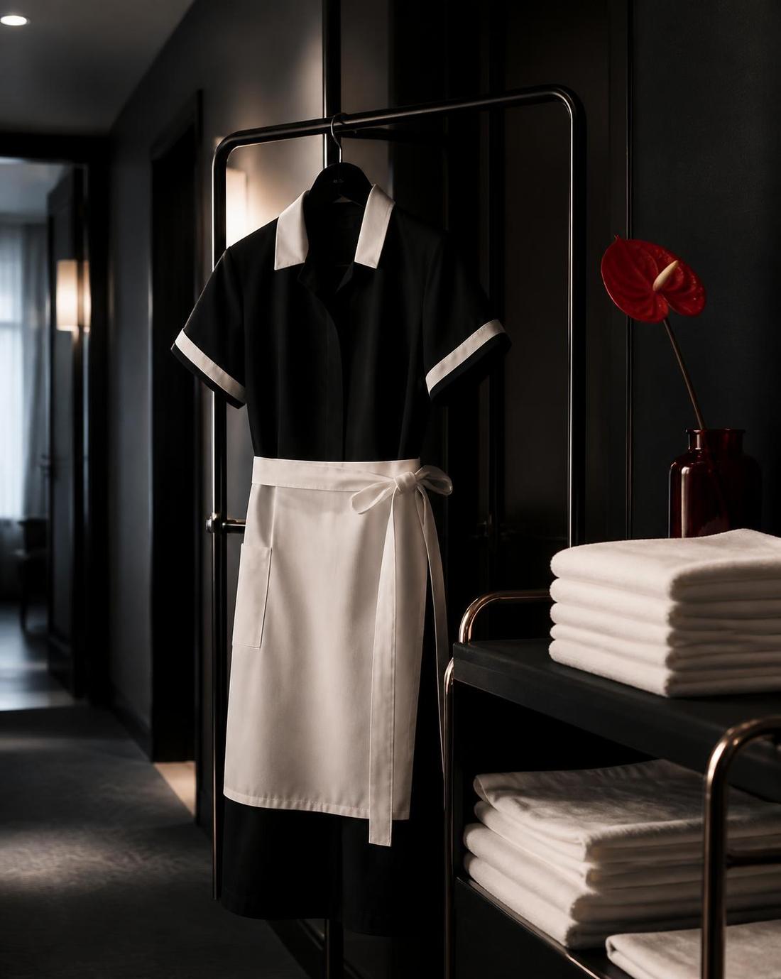 Conjunto de governança e avental em ambiente de hotelaria
