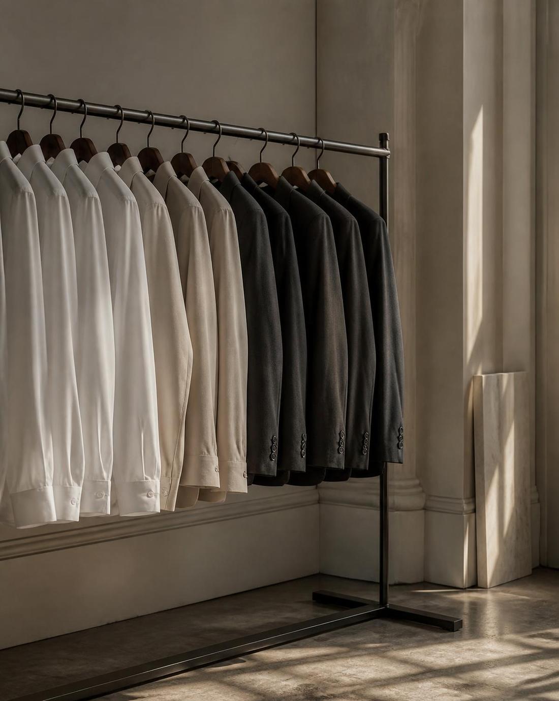 Arara com camisas sociais e blazers corporativos em ateliê