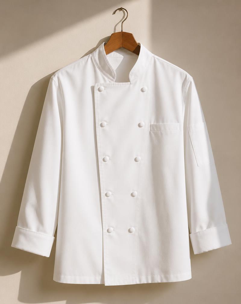 Dólmã de chef branco em cabide de madeira