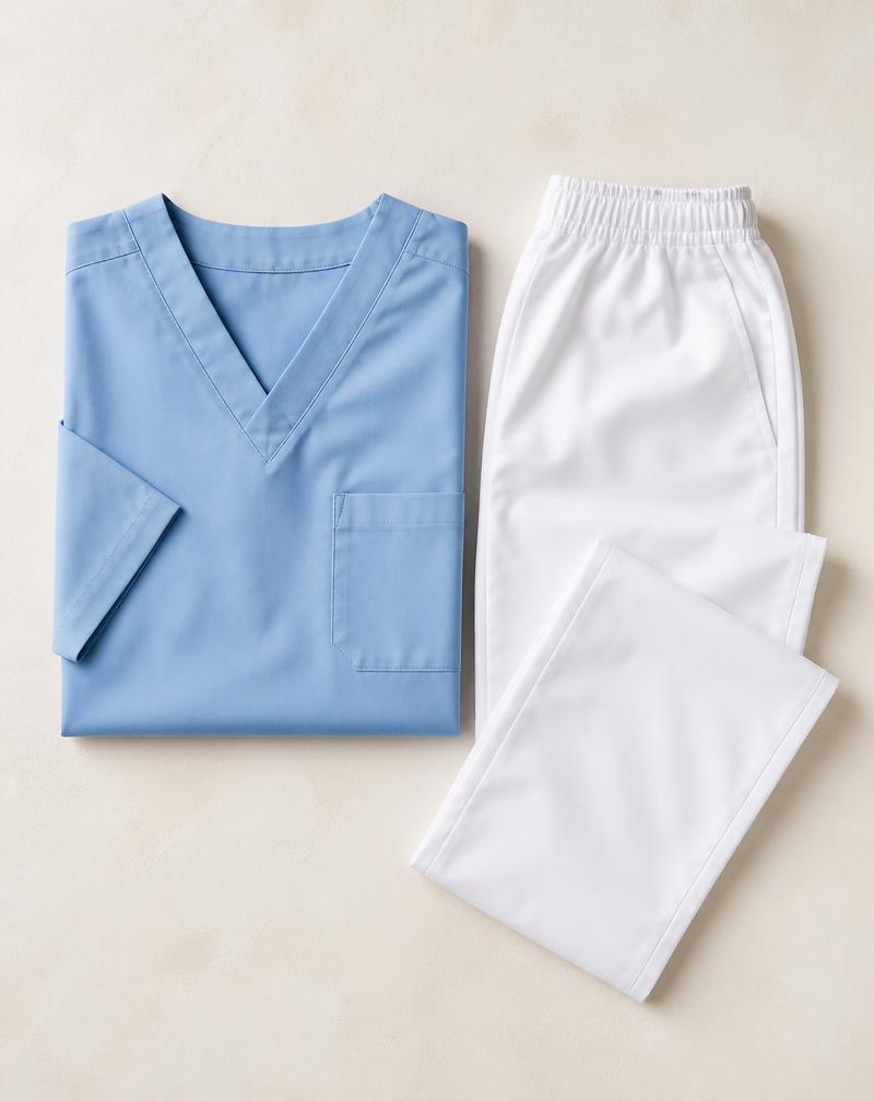 Camisa azul clara e calça branca da área da saúde dobradas