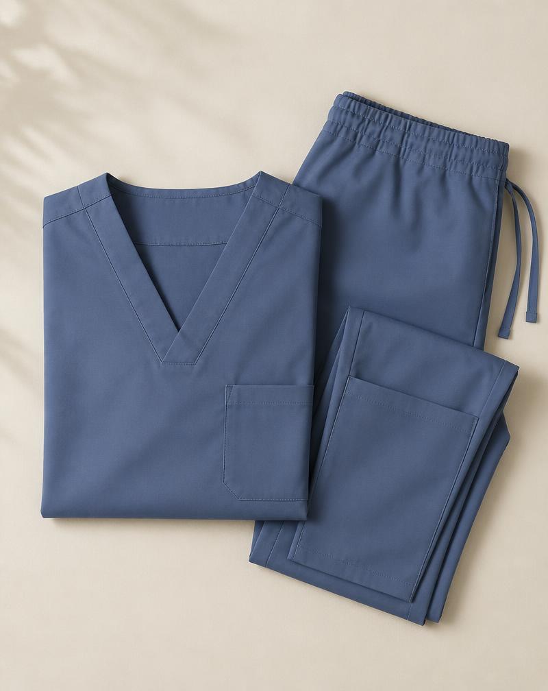 Conjunto cirúrgico azul dobrado sobre superfície clara