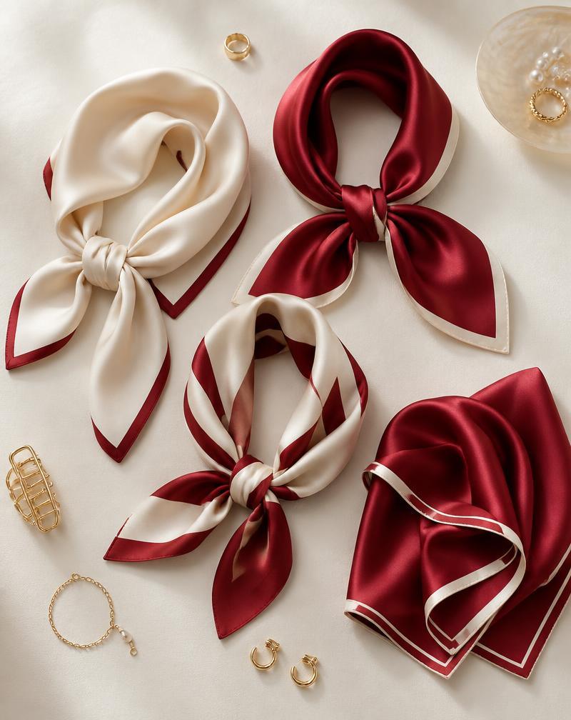 Lenços de seda em creme e vermelho dobrados