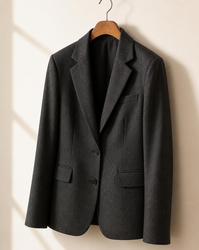 Blazer corporativo de alfaiataria em cabide de madeira