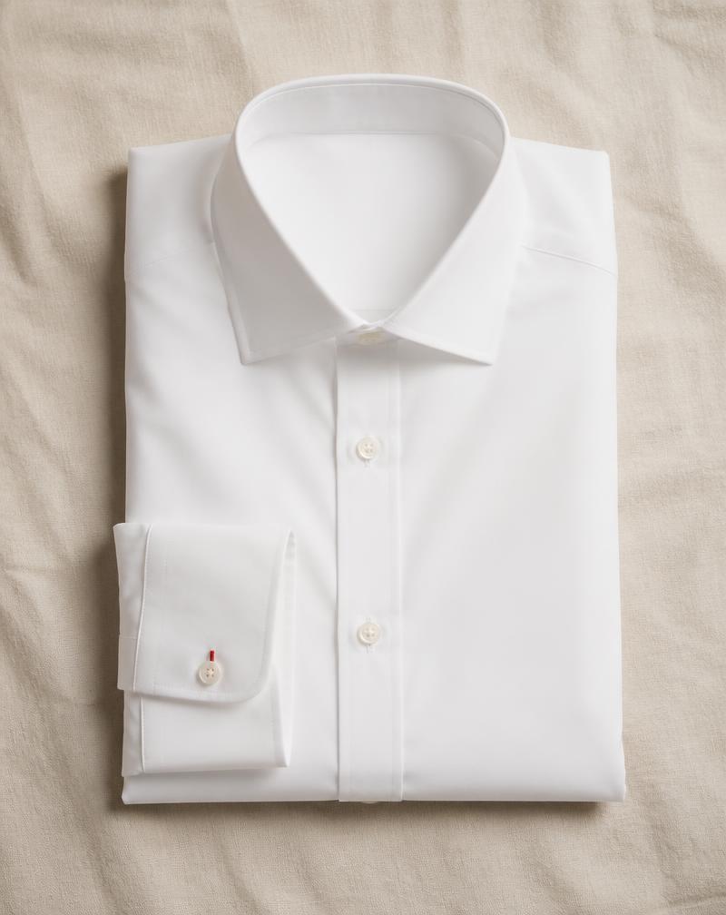 Camisa social branca dobrada sobre superfície clara